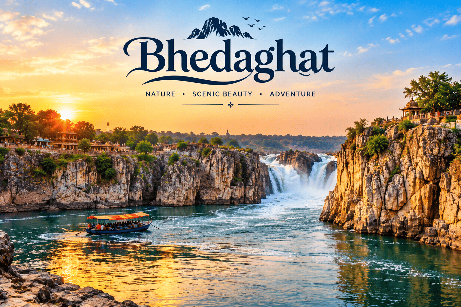 Marble rock gorge at Bhedaghat, Madhya Pradesh, at sunset