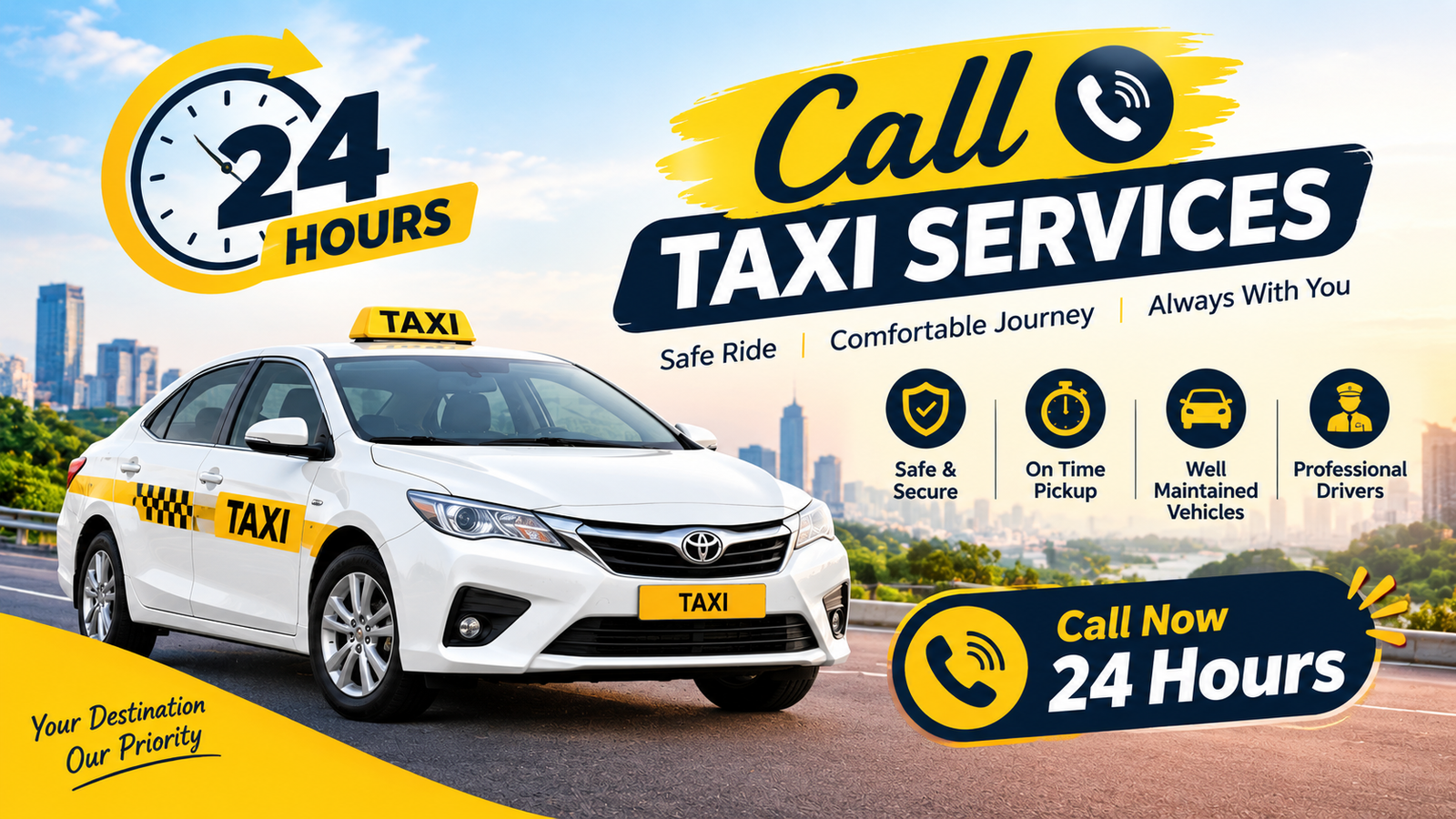 Taxi on the road for round-the-clock travel
