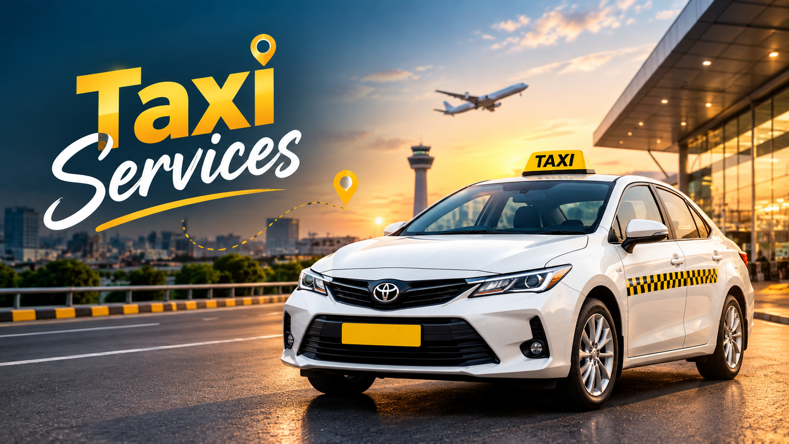 Taxi waiting for passengers on a city road